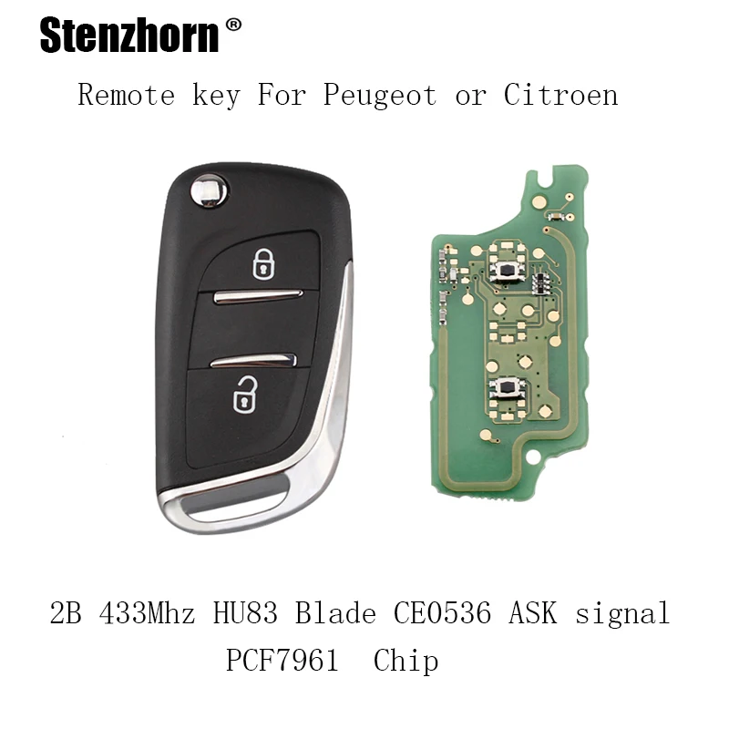 

Stenzhorn Modified Flip Complete Remote Key DIY For PEUGEOT 207 208 307 308 408 2Buttons HU83 Blade ASK signal 433Mhz&PCF7961