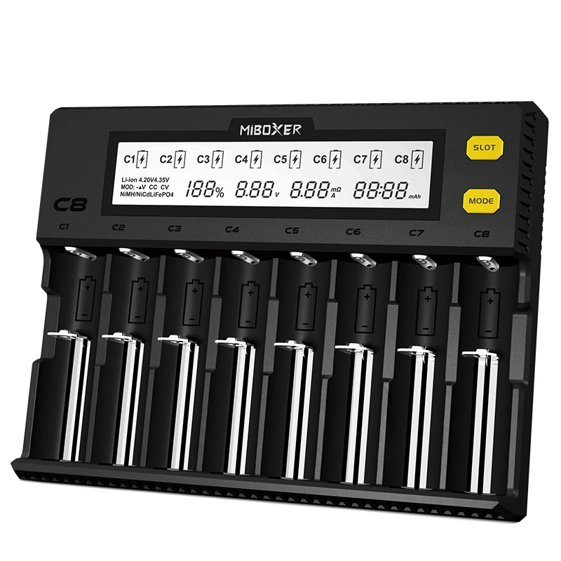 C8 Smart battery charger 8-slot LCD display for lithium ion LiFePO4 Ni-MH nickel cadmium AA 21700 20700 26650 18650 charger