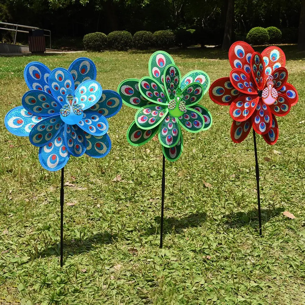 Double Layer Peacock Laser Sequins Windmill Colourful Wind Spinner Home Garden Decor Yard Kids