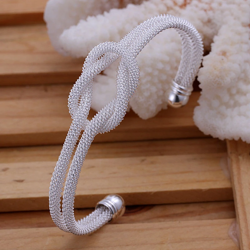 

2015 new arrived 925 sterling silver jewelry loverly Tie mesh open cuff bracelet bangle for women /men's promotion trendy