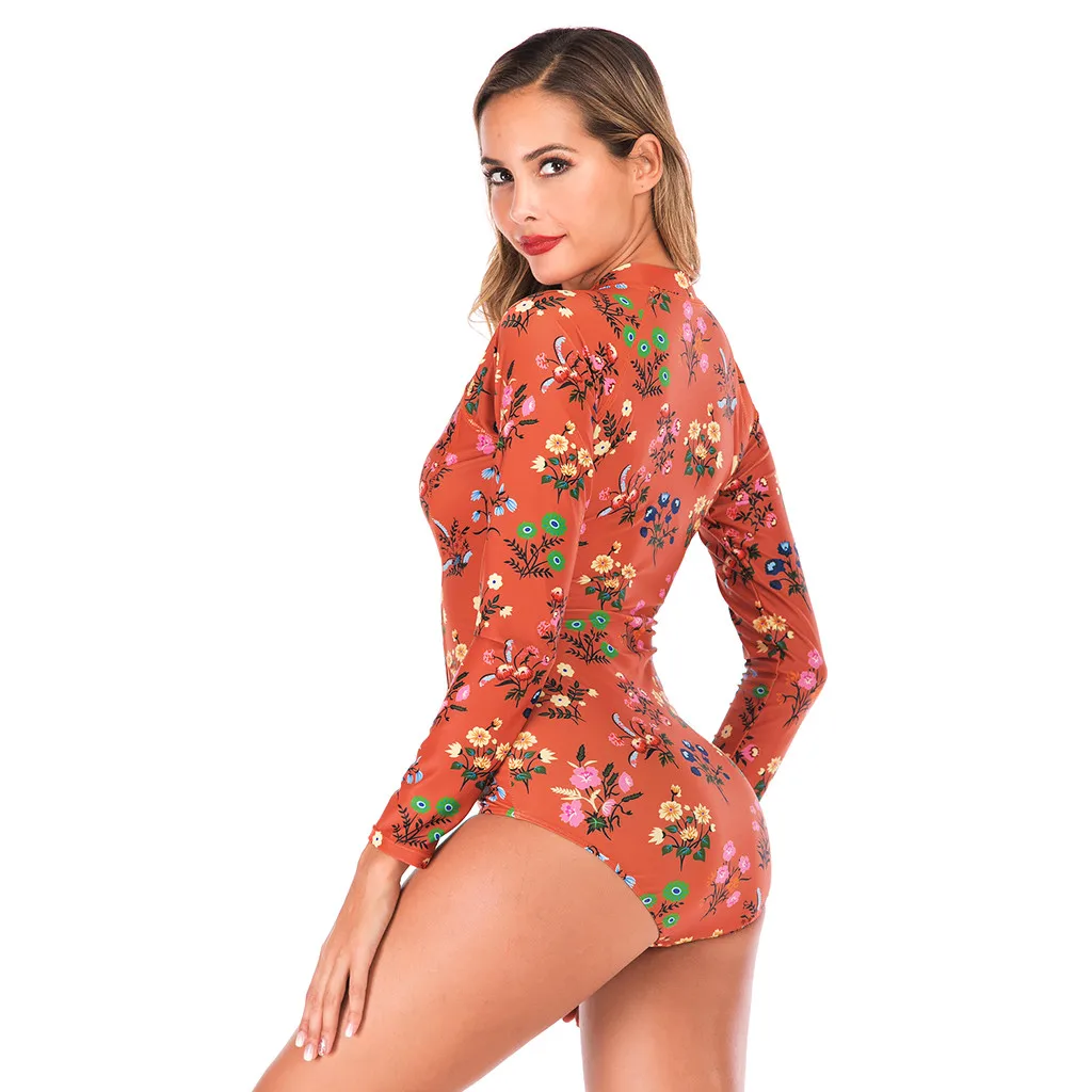 New Swimsuit Women Diving Suit Rashguard Long Sleeve One Piece Swimwear UPF50+ Print Floral Zipper Water Surf Rash Guard#4