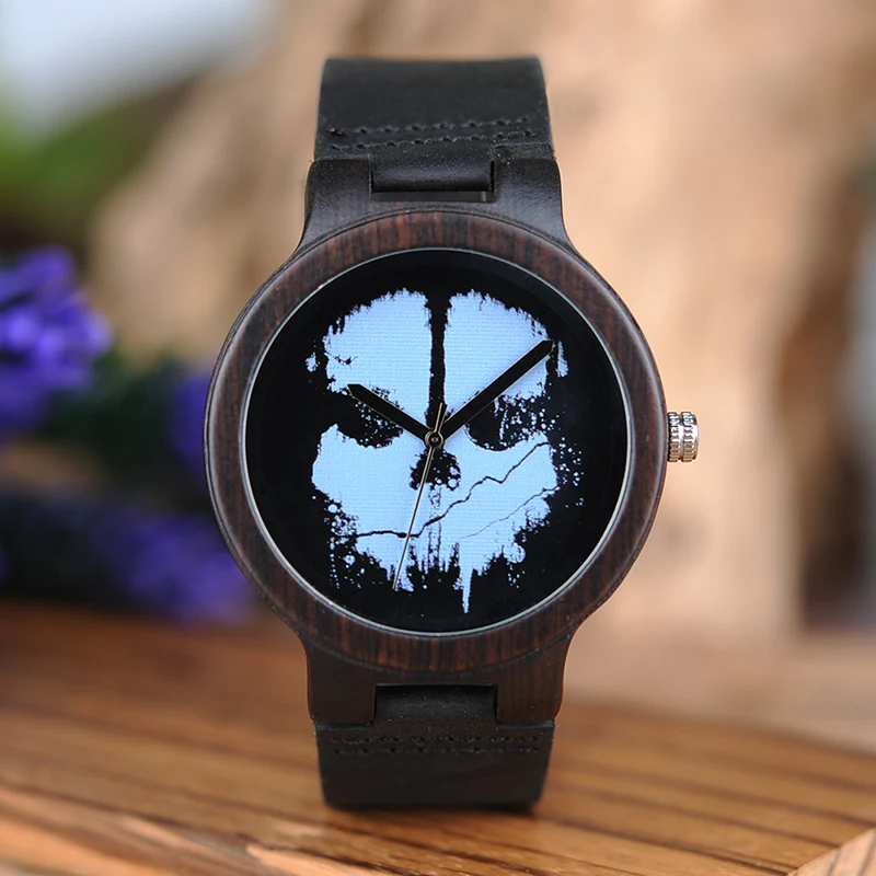 BOBO BIRD Men Punk Skull Wood Watches L-D24 Leather Band Top Brand Quartz Watches for Men as Gifts