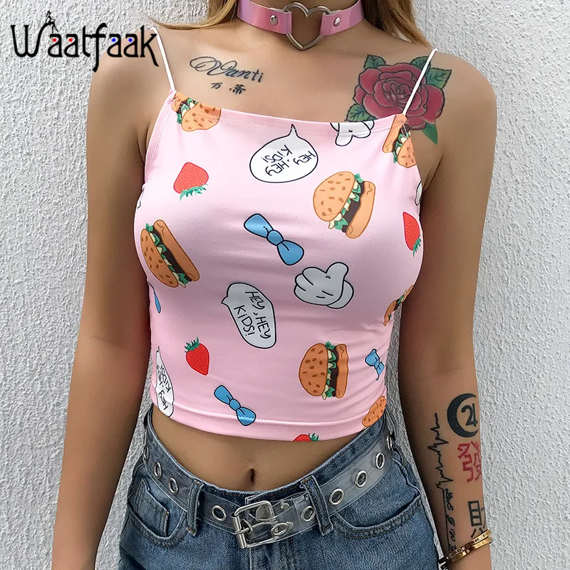 

Waatfaak Summer Casual Camisole Tank Top Woman Printed Graphic Pink Sleeveless Crop Top Sexy Backless Knited Croptop Femme 2019