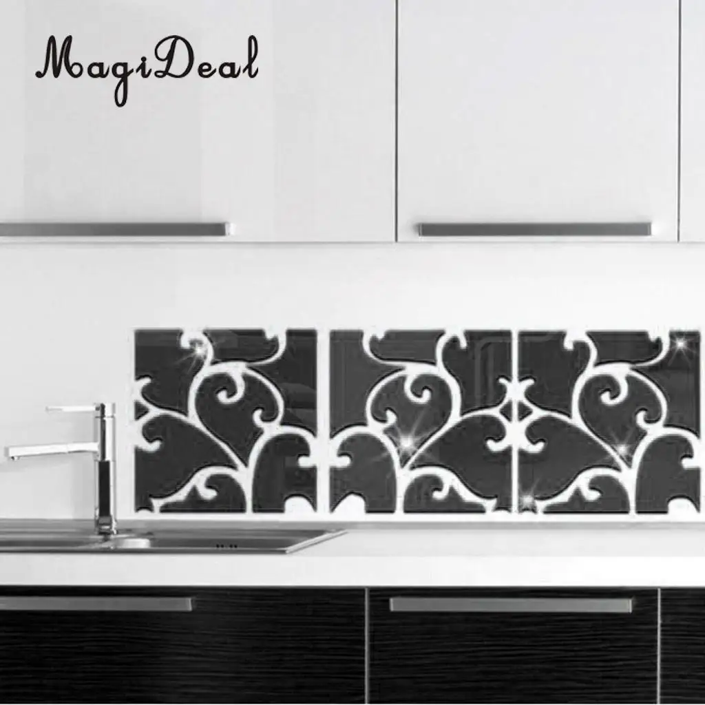 3D Acrylic Mirror Decal Sticker Stitched Wall Panels Home Decoration 8x8inch, Silver/Black/Gold