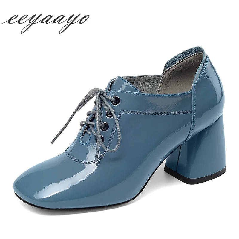 2019 New SpringAutumn Genuine Leather Women Pumps High Heel Square Toe Lace-Up Fashion Women Cow Leather Shoes Blue High Heels