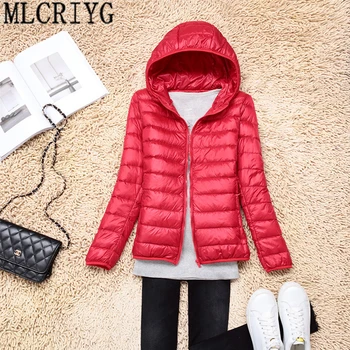 

MLCRIYG Winter Women Ultra Light Down Jacket 90% Duck Down Hooded Short Jackets Long Sleeve Warm Slim Coat Parka Plus Size 3XL