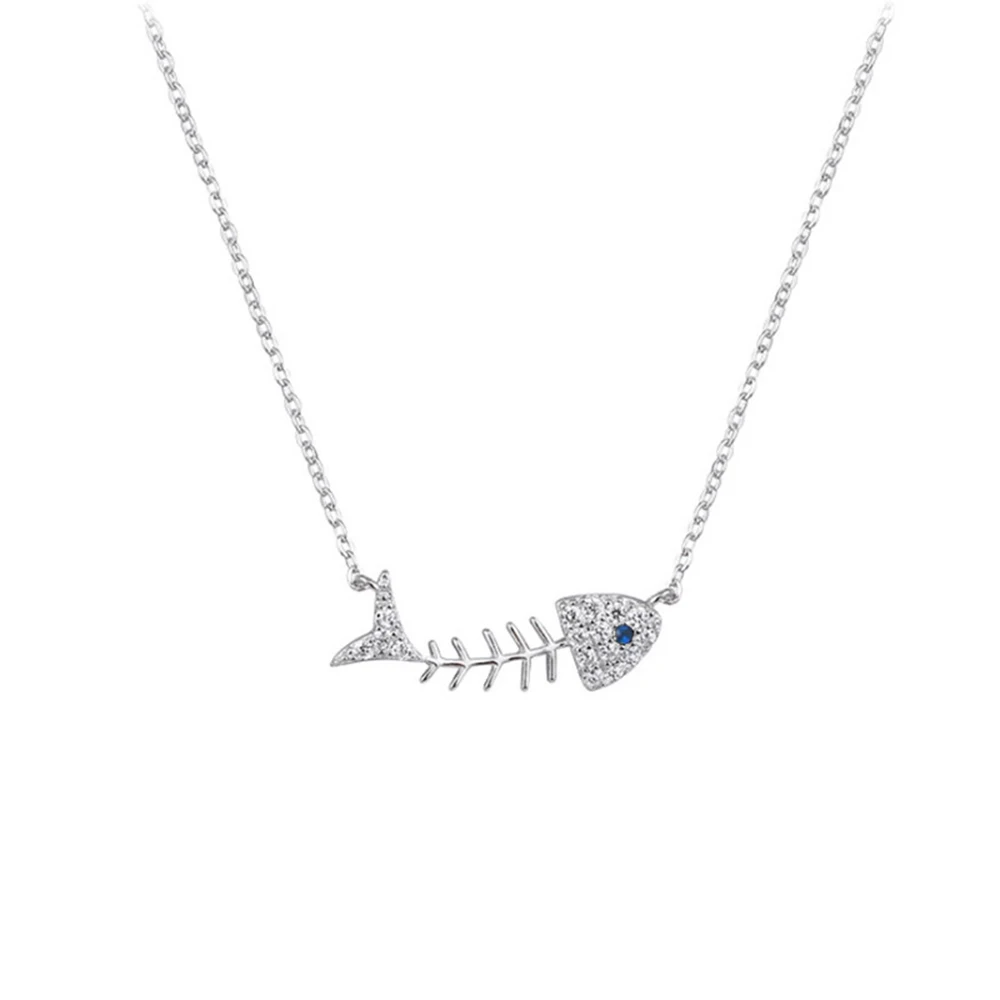 

925 Sterling Silver Women Fine Jewelry Fishbone Pendant Bijoux Gift Choker Micro Pave CZ Cubic Zircon Gold Fish Bone Necklace