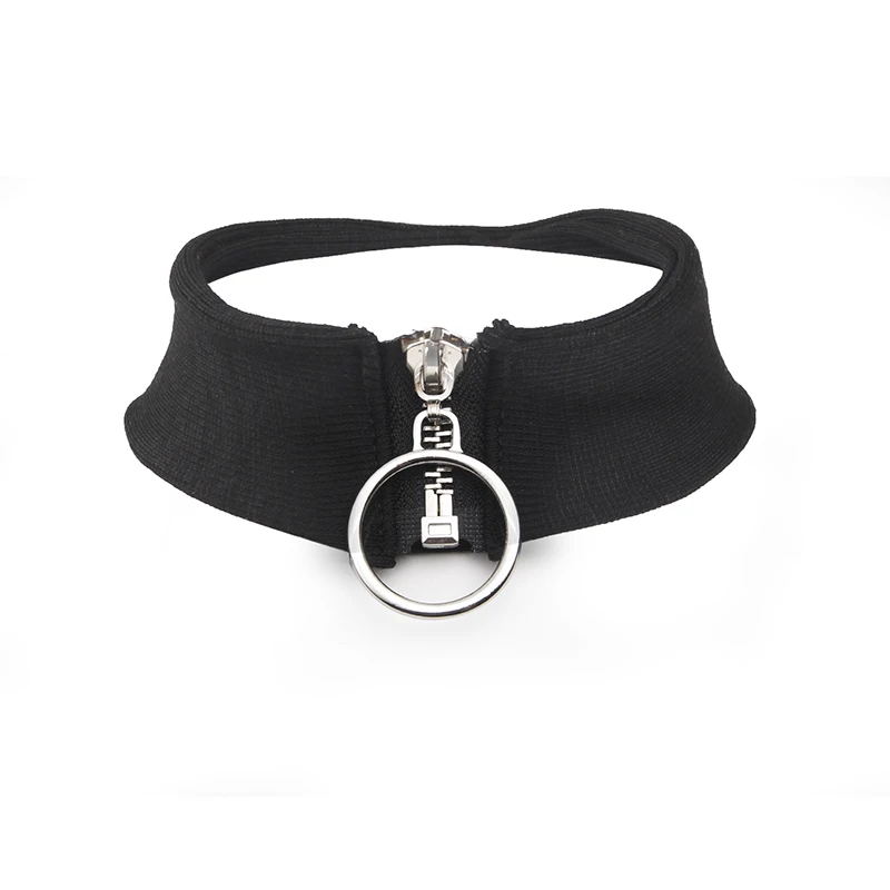 

Gothletic Wide Black Stretch Fabric Zip-up Goth Punk Choker Metal Circle Zipper Pendant Statement Necklace for Women 2019 NEW