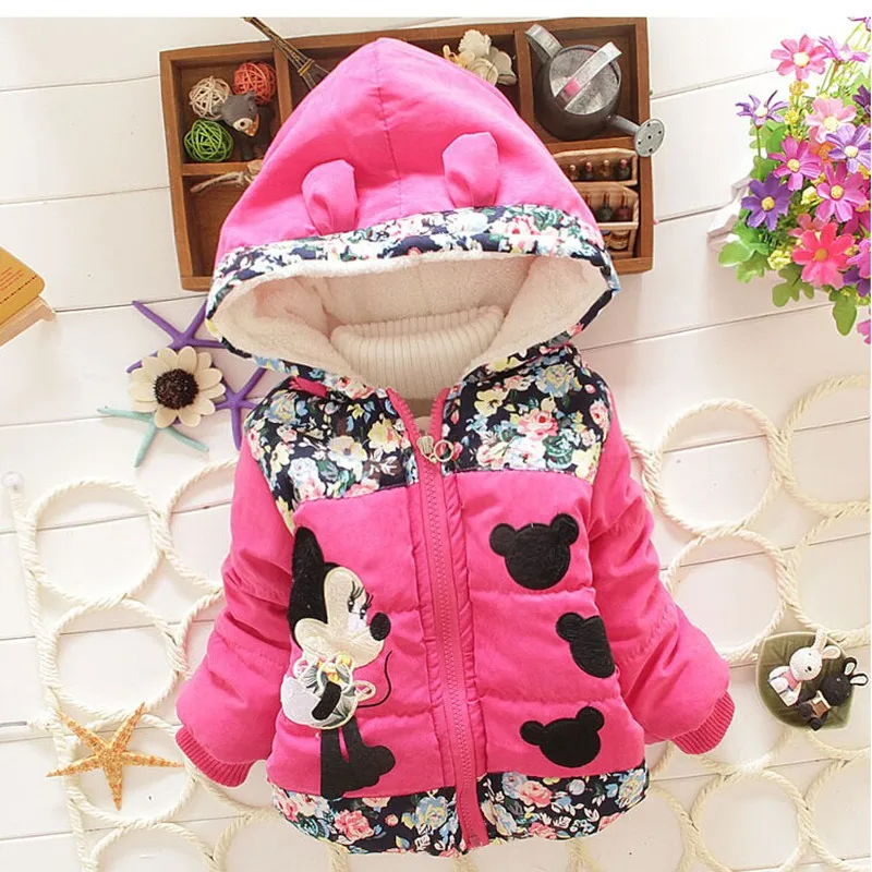 Зимняя одежда для маленьких девочек Минни Микки куртка пальто детская одежда с хлопковой подкладкой модные с капюшоном плотная верхняя одежда детская теплая лук Костюмы