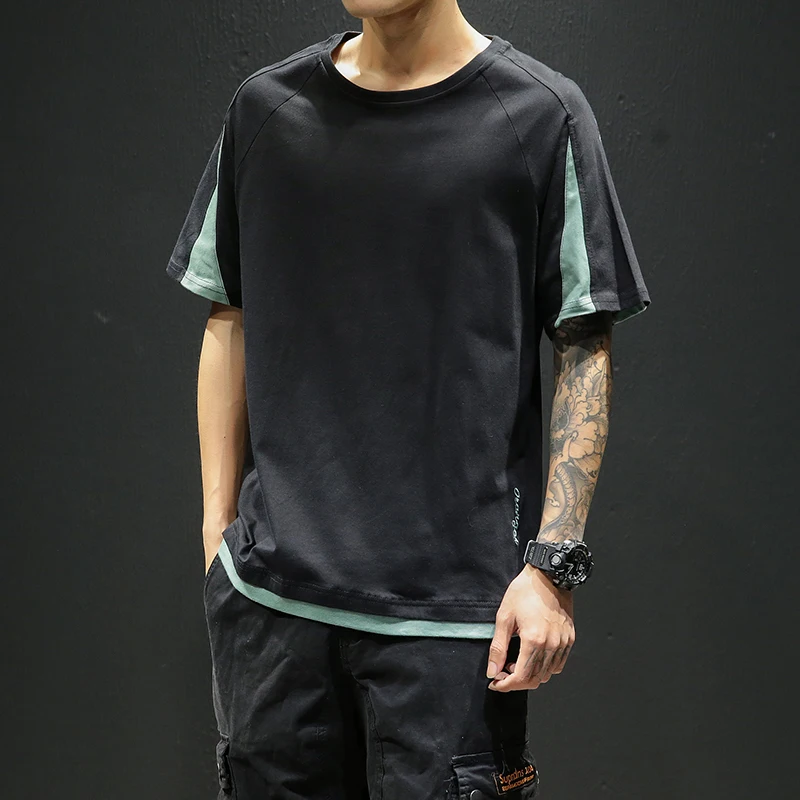 

T-shirt Men Summer 2019 Youth Pop 0-neck Cotton Loose Short-sleeved Male Stitching Streetwear Oversized T Shirt Harajuku