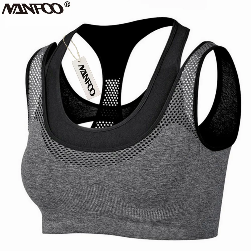

Women Yoga sport Bra Mesh Layered False two pieces Running Gym Fitness Sport comfortable breathable Tops anti-sweat Brassiere