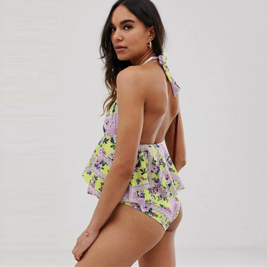 One Piece Summer 2019 Women Floral Printed Halter Bikini High Waisted Padded Ruffled Pregnant Swimwear Triangle Bather Suit