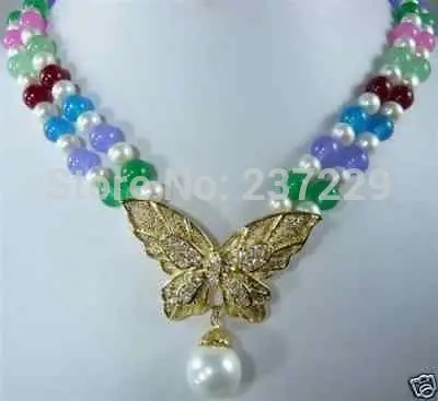 

HOT## Wholesale XSZ2018 >>2Rows 7-8mm White pearl multicolor stone necklace