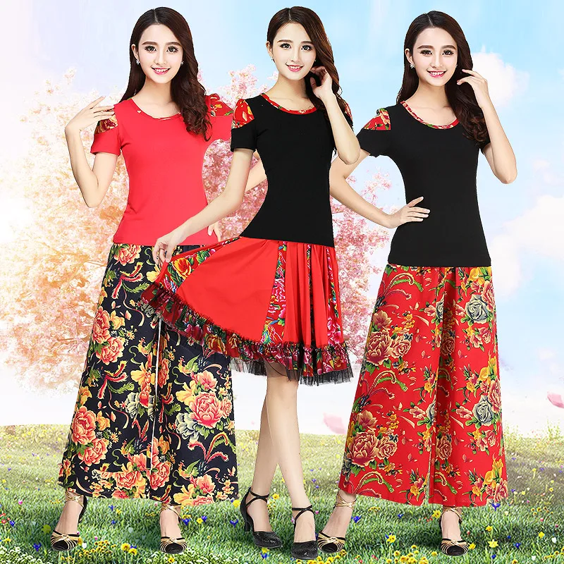 

Chinese style clothes square dance skirt womens dance skirt dancing clothing flower stage performance with short sleeve Top