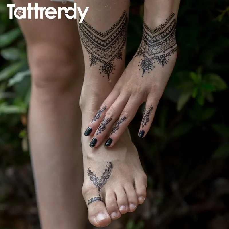 Tattrendy Горячая черно-белая хна татуировки наклейки флэш временные водонепроницаемые кружева вдохновили тело индийская рука бабочка Ловец снов