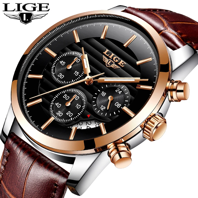 

Men Watches Luxury Brand LIGE Multi Function Mens Sport Quartz Watch Man Waterproof leather Business Clock Male Wrist Watch