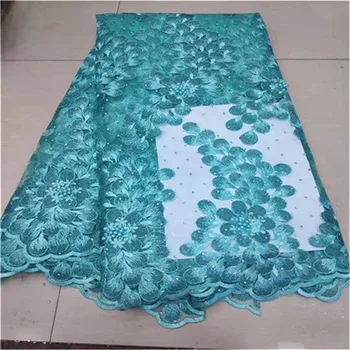 

2019 High Quality African Tulle Lace Fabric green Pink French Net Embroidery Stones beads Lace Fabric For Nigeria Party Dress S