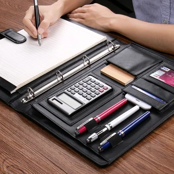 

Business file folder organizer mulfifunction design A4 leather folder 4 ring binder notebook with calculator and Paper bags 1200