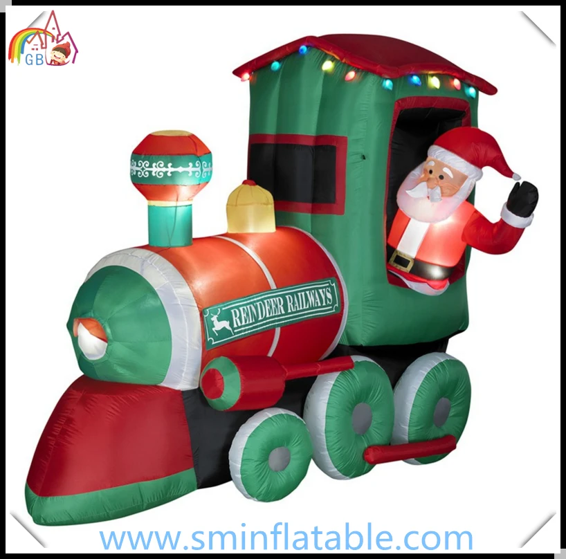 Christmas decoration inflatable santa claus driving train, led lighted inflatable santa