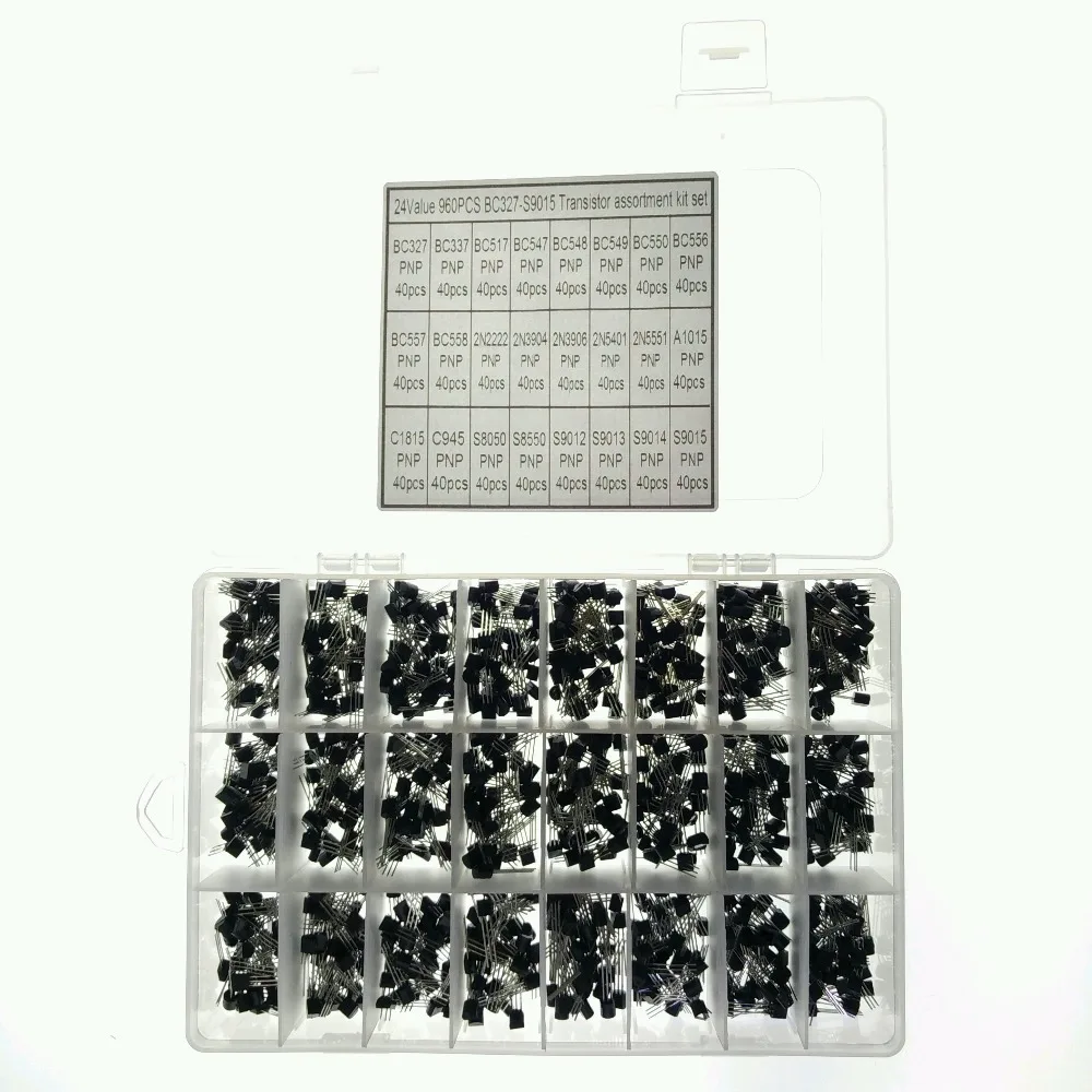 

24 Values 960pcs (BC327~ BC558 2N2222~S9015) 2N3904 2N3906 2N5401 2N5551 PNP Transistor Assortment Kit Set