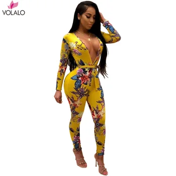 

VOLALO Fashion Floral Print Party Overall 2019 Autumn Winter Women Long Sleeve Sexy Club Deep V-Neck Jumpsuit With Belt