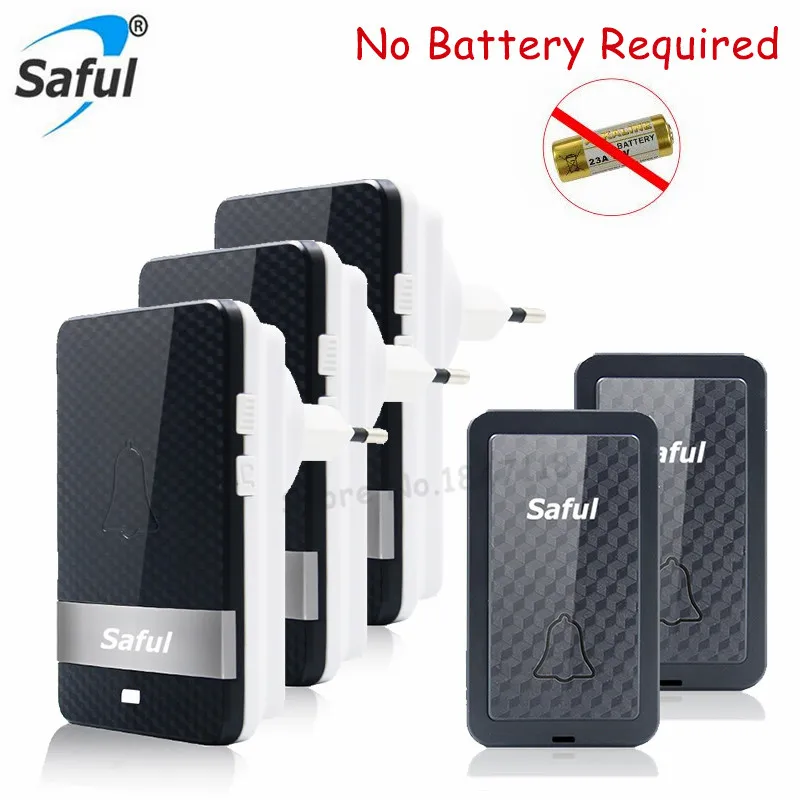 Saful Black No Battery Need Waterproof Door Bell Long Working Range