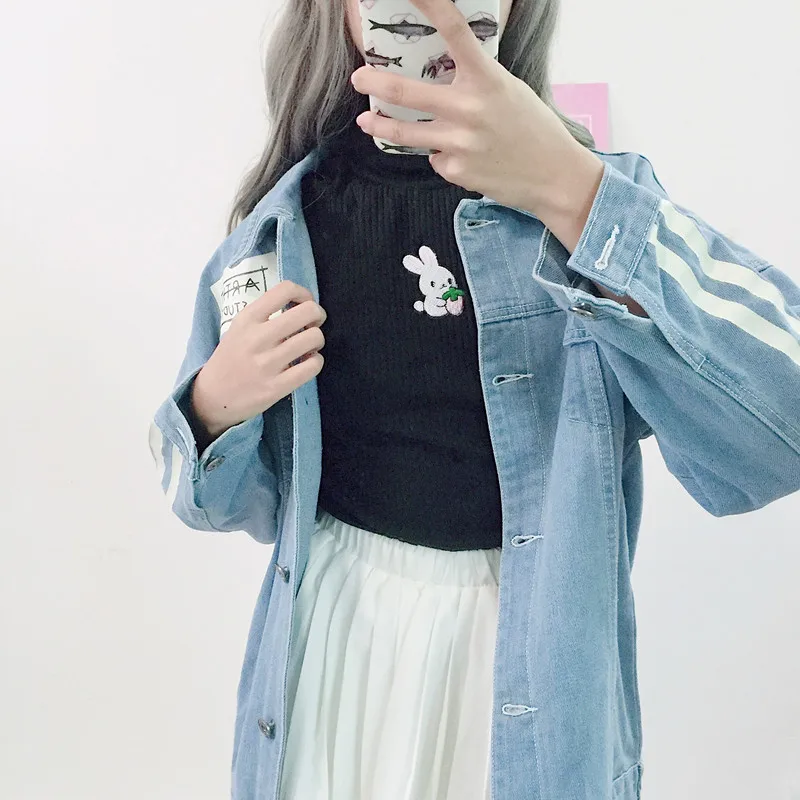 Cena Nowy Lolita kobiet sweter kawaii sweter top super słodki haft królika wysoki kołnierz stretch ciepłe dzianiny wydłużone swetry