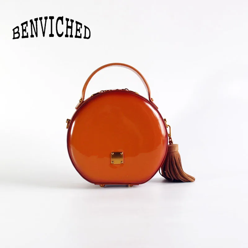 

BENVICHED Ladies' Real leather Round bag 2019 new fashion Pure color handbag single shoulder bag Patent leather Bright bag c376