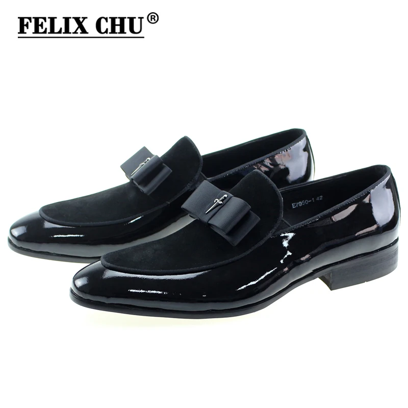 Handmade Genuine Patent Leather And Nubuck Leather Patchwork With Bow Tie Men Wedding Black Dress Shoes Men's Banquet Loafers