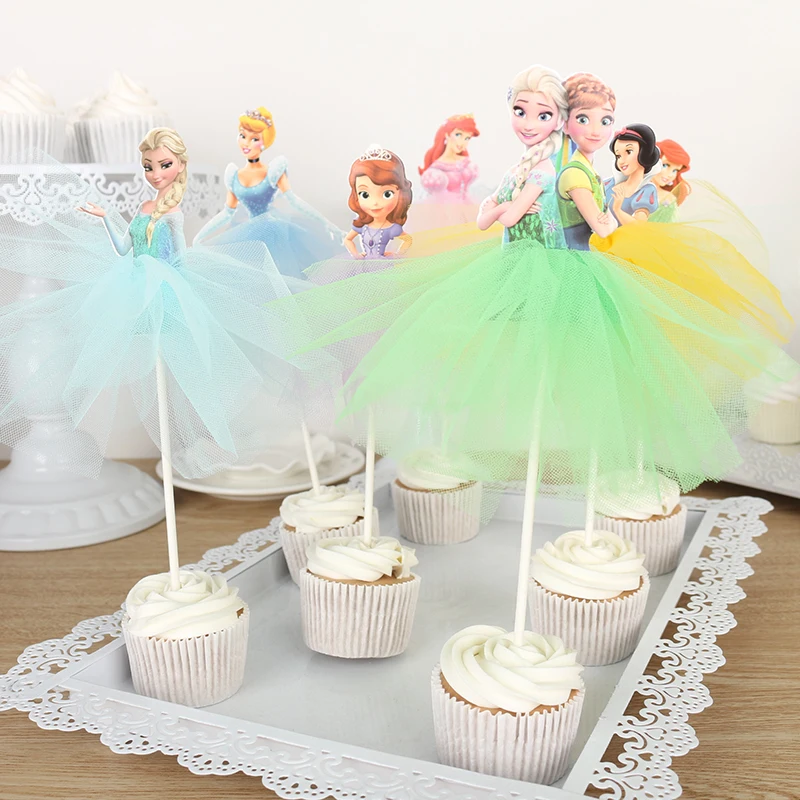 

1 X Gauze Skirt Princess Cake Toppers Girl's Birthday Party Favor Tiana/Cinderella/Ariel Cupcake Decoration Supply