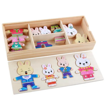 

2017 New 1 Set Cartoon Rabbit Change Clothes Wooden Toy Puzzles Montessori Educational Bear Dress Changing Jigsaw Puzzle XMAS