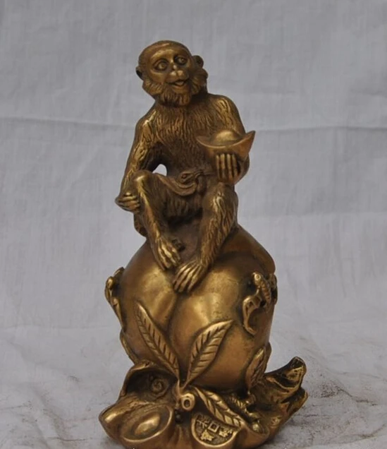 

6" Chinese fengshui brass copper zodiac monkey animal peach wealth lucky statue