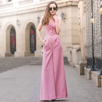 

Women jumpsuit sleeveless collared pockets fashion playsuit with wide leg pant