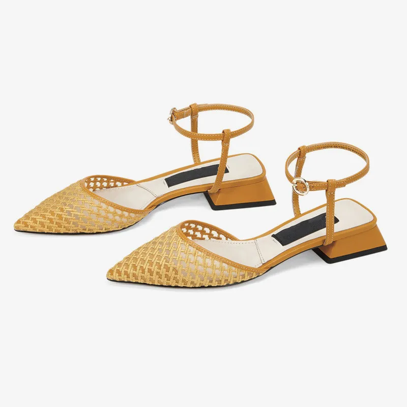 KATELVADI/Женская обувь на низком каблуке; сандалии с ремешками на лодыжках; черные женские босоножки из сетчатого материала; шикарная обувь; Размеры 35-40; K-402 - Цвет: Цвет: желтый
