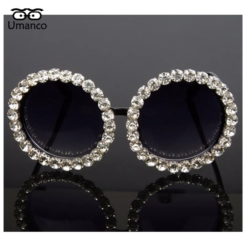 Umanco стимпанк большие круглые черные зеркальные солнцезащитные очки Стразы очки с украшением пластиковая оправа для очков модные ретро солнцезащитные очки