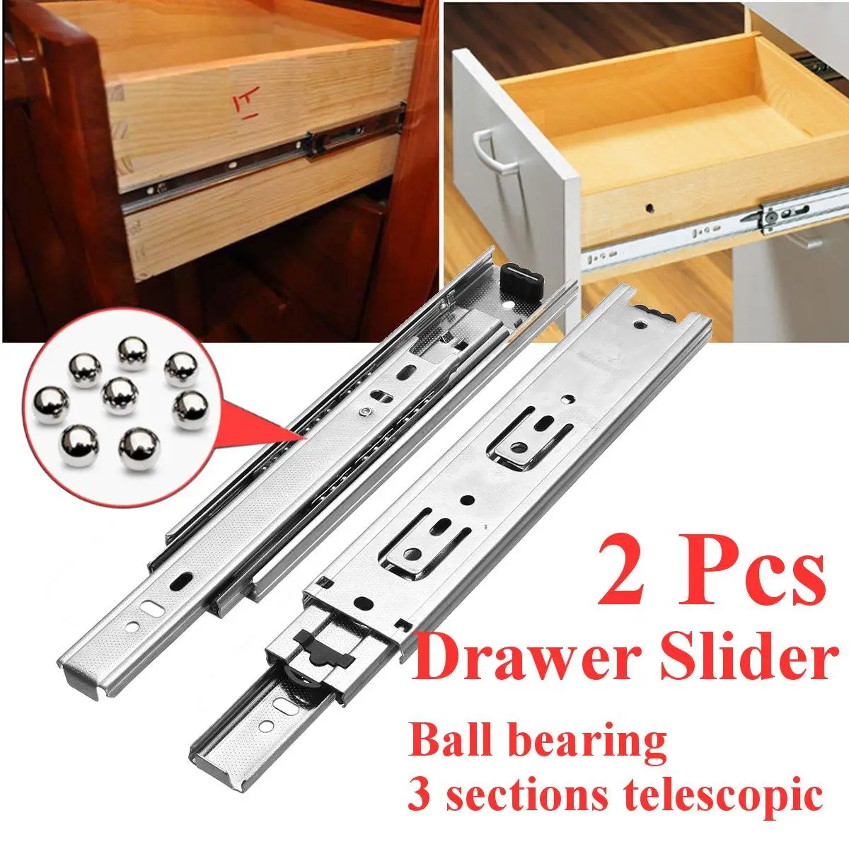 

2Pcs 8inch Long 3 Sections Ball Bearing Slide Rail Cabinet Drawer Runners Slider