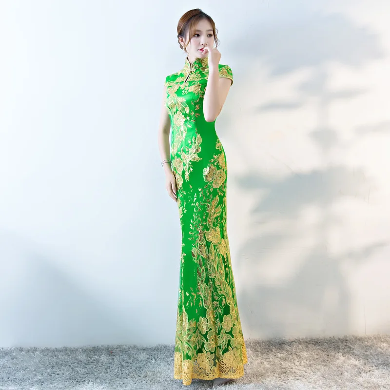 Синий Свадебная вечеринка Cheongsam Восточный вечернее платье Китайская традиционная Женская Элегантный Qipao пикантные длинный халат Ретро Vestido