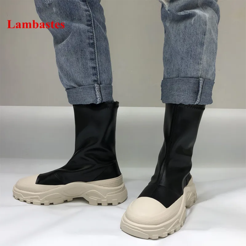 

Hiver Bottines Femme Black Leather Slip On Stetch Ankle High Women Wedges Boots British Style Platform Runway Casual Botas Mujer