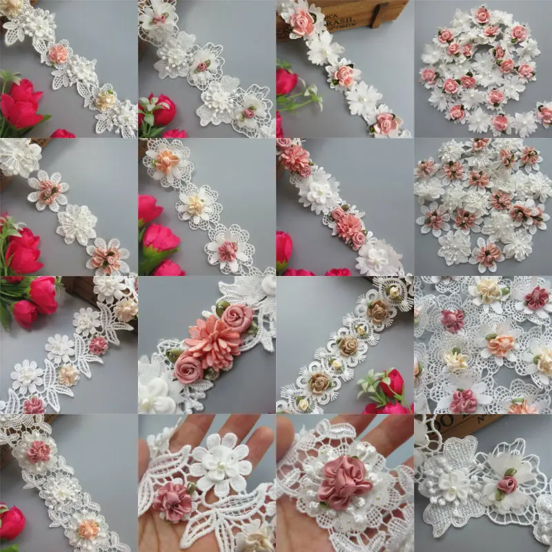 Растворимый полиэфир 3D Красочные цветы жемчужная вышитая кружевная отделка