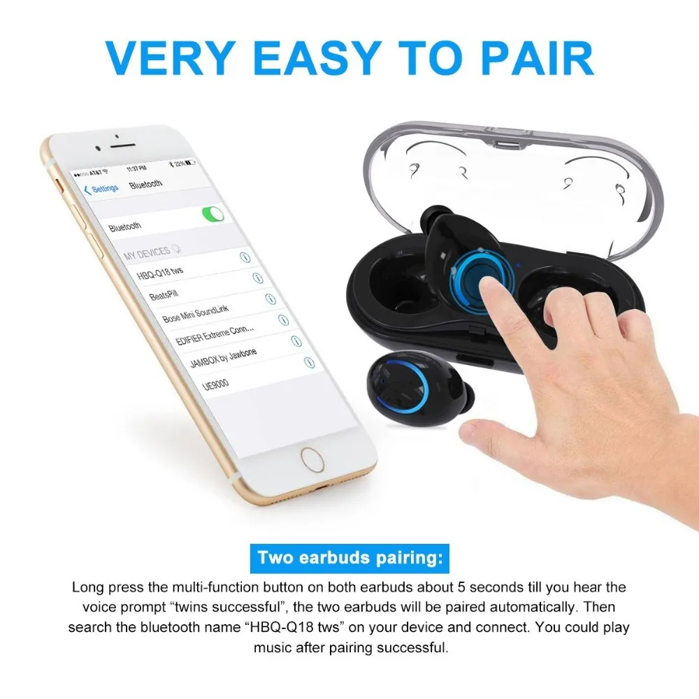 Bluetooth Earphones True Wireless Earbuds Stereo Wireless Bluetooth Headphone Earphone with Built-in HD Mic Charging Case Q18