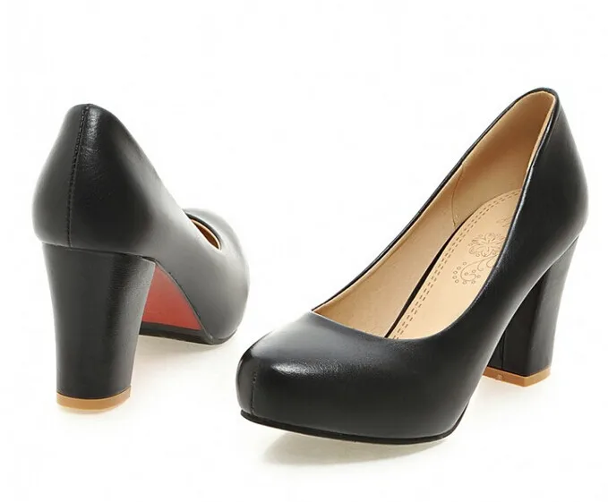 Весенняя обувь; Осенняя обувь; новая обувь; модельные туфли на высоком толстом каблуке с закрытым носком; Рабочая женская обувь черного цвета
