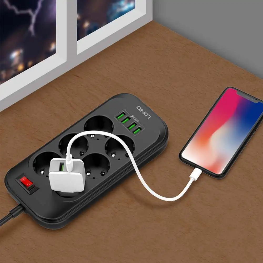 Удлинитель электрический LDNIO с европейской вилкой 3 4 А 6 розеток USB порта| |