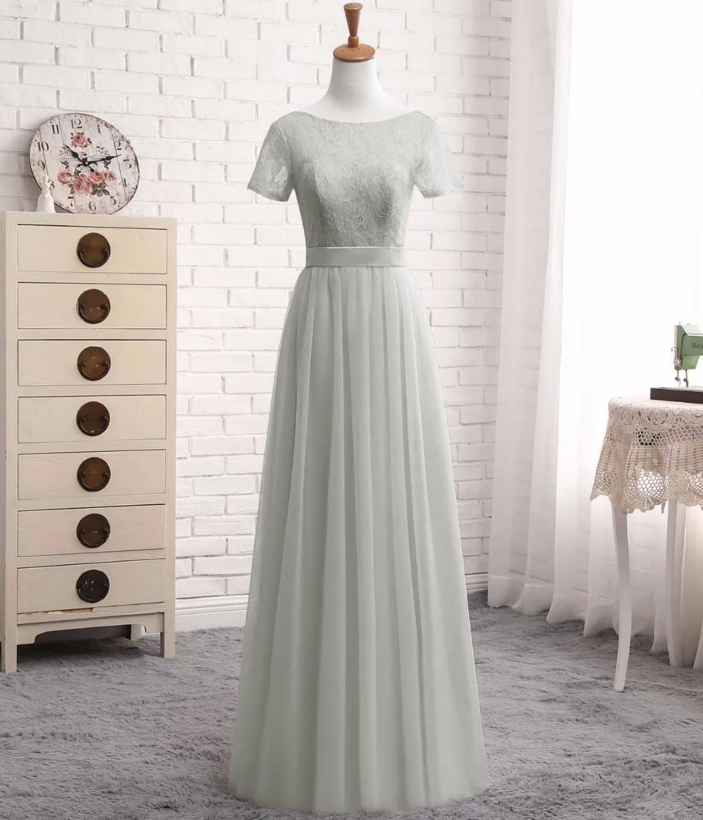 Solovedress элегантный короткий рукав Дешевые линии розовый тюль платье подружки невесты 2018 кружево с поясом vestido de festa longo SLD-PGE027