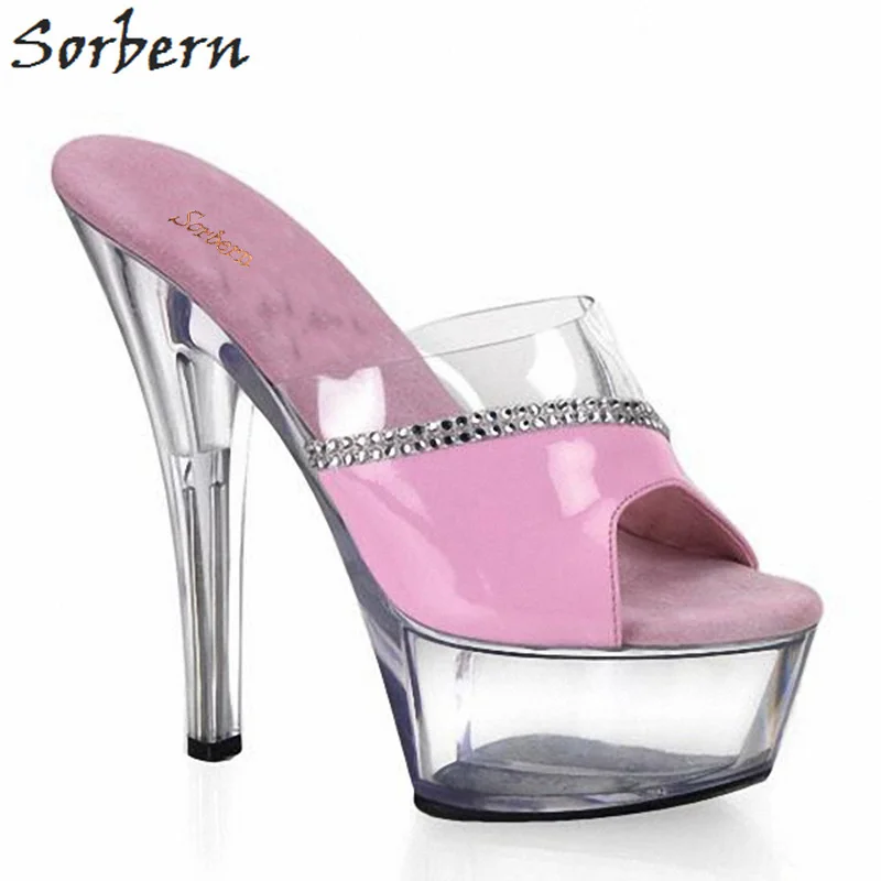

Sorbern Sexy 15Cm Super High Heels Outdoor Slippers Women Open Toe Transparent Heels Platform Clear Pvc Patent Leather Slides