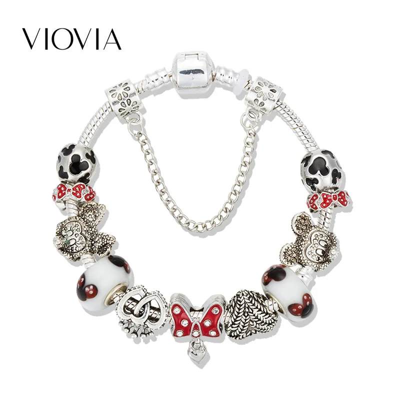 

VIOVIA Mickey Mouse Bracciali Donna Charms Bracelets & Bangle Fashion Original DIY Red Minnie Brand Bracelet for Women B19005