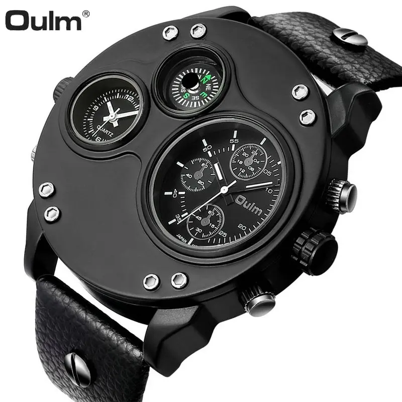 OULM Outdoor Sports Watch Men Quartz Double Time Zone Display Black Leather Strap Big Size Case Top Brand Luxury Wristwatches | Наручные