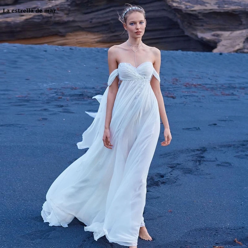 

Abiti da sposa2019 new chiffon Off the Shoulder backless A Line white beach wedding dress simple suknia slubna beautiful trouwju