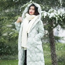 Зимний хлопковый длинный толстый пуховик с капюшоном и кружевной вышивкой