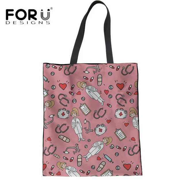 

FORUDESIGNS Cartoon Nurse Doctor Printing Women Canvas Bag Shopping Bag Foldable Grocery Bag Big Capacity Folding Bolsas de tela