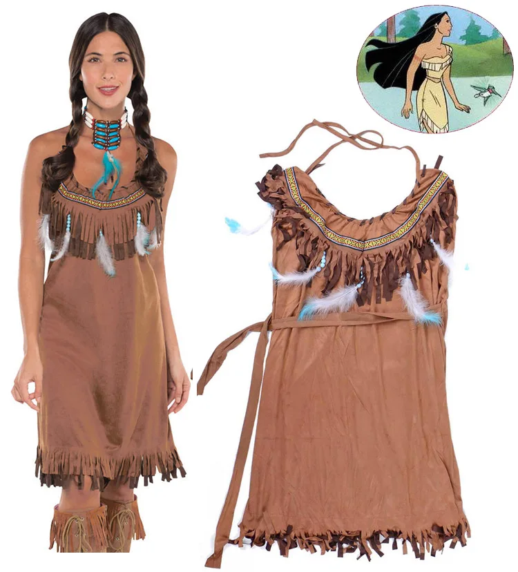 

Girls Princess Pocahontas Indian Costume Halloween Outfit Adult Women Gift Deluxe Brown Dress